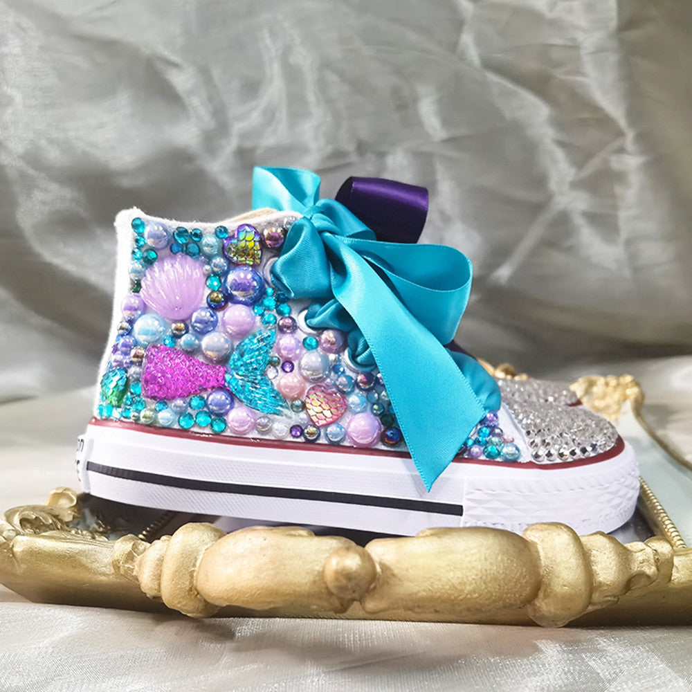 Girls Mermaid Bedazzled Ribbon Laced High Top Shoe