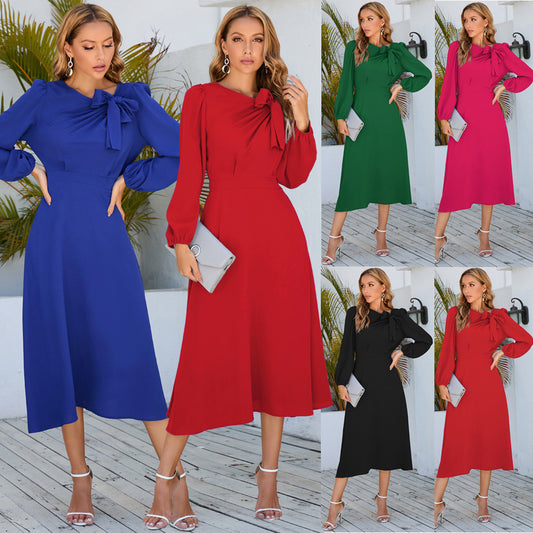 Autumn And Winter Long Sleeve Round Neck Bowknot Dress