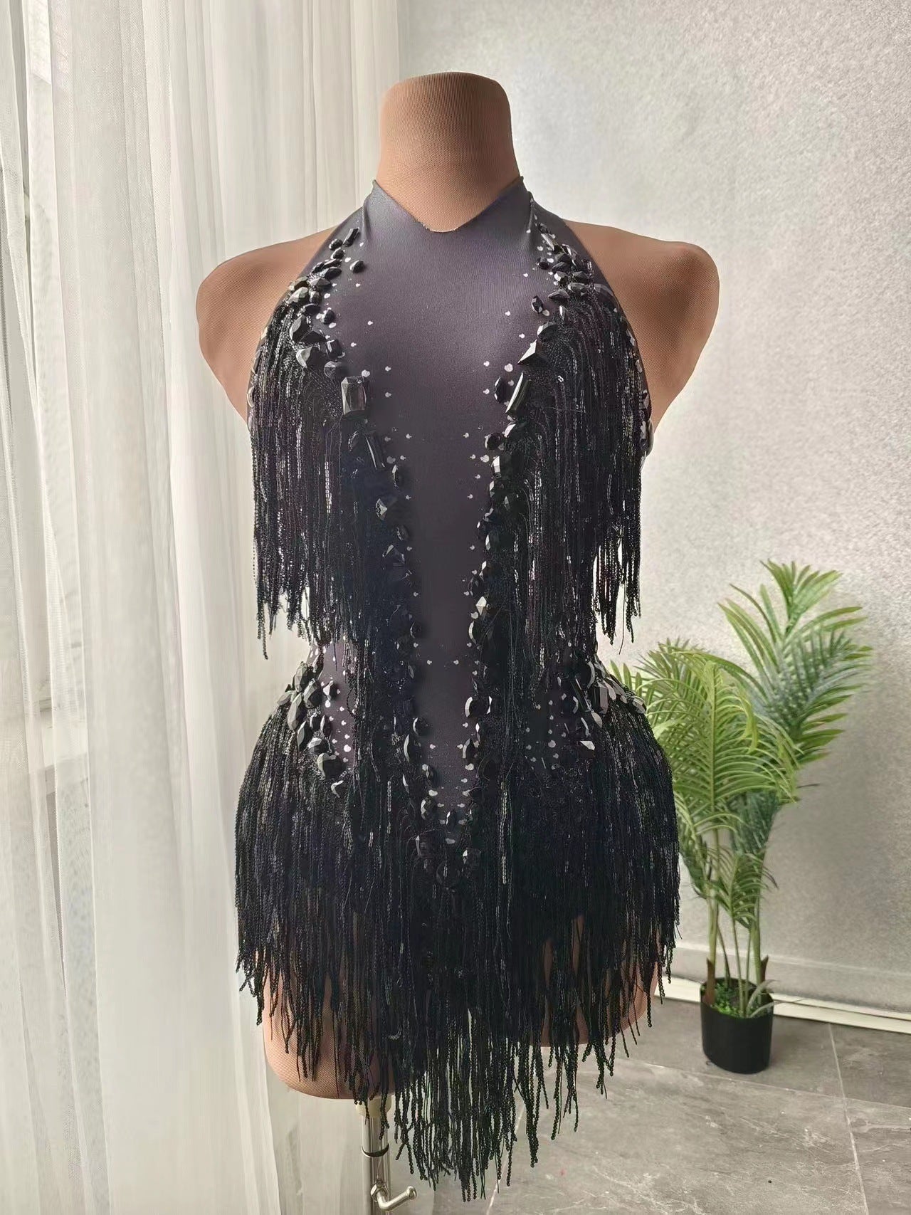 Women's Fashionable Sequins Tassel Rhinestone Dress