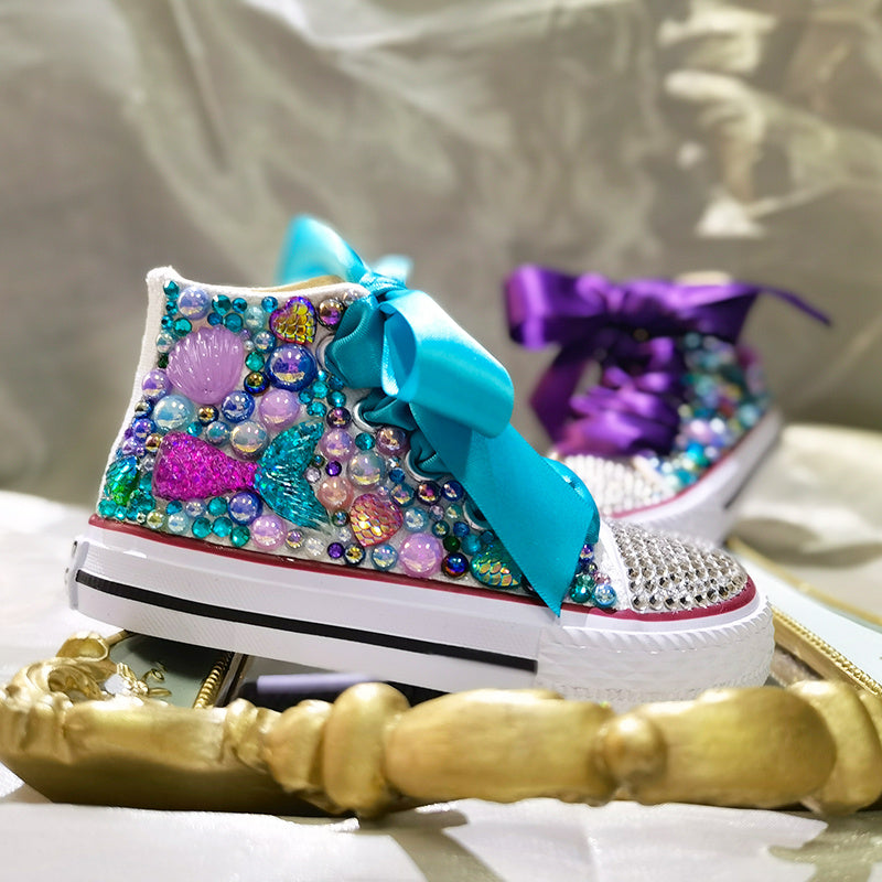 Girls Mermaid Bedazzled Ribbon Laced High Top Shoe