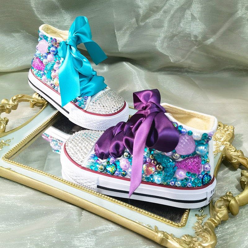 Girls Mermaid Bedazzled Ribbon Laced High Top Shoe