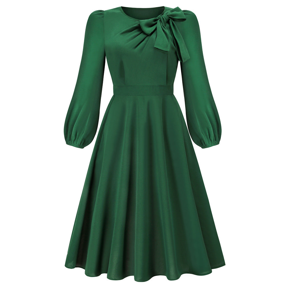 Autumn And Winter Long Sleeve Round Neck Bowknot Dress