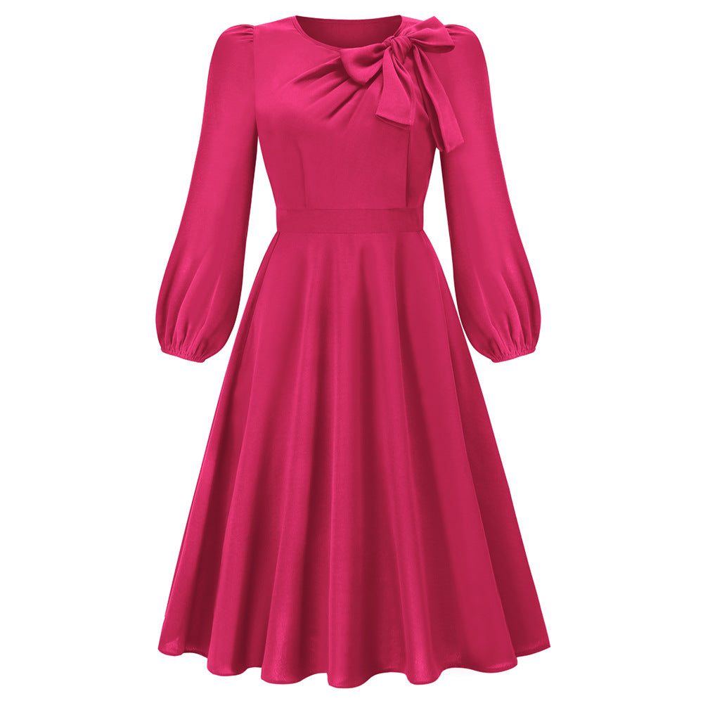 Autumn And Winter Long Sleeve Round Neck Bowknot Dress