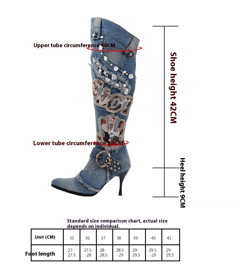 Women's String Beads High-heeled Denim Stiletto Heel