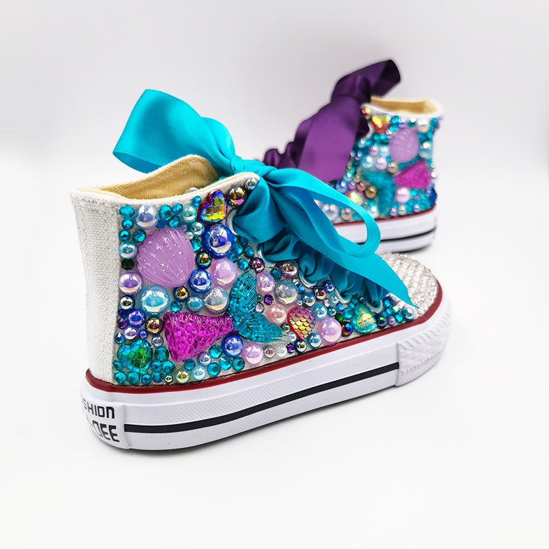 Girls Mermaid Bedazzled Ribbon Laced High Top Shoe