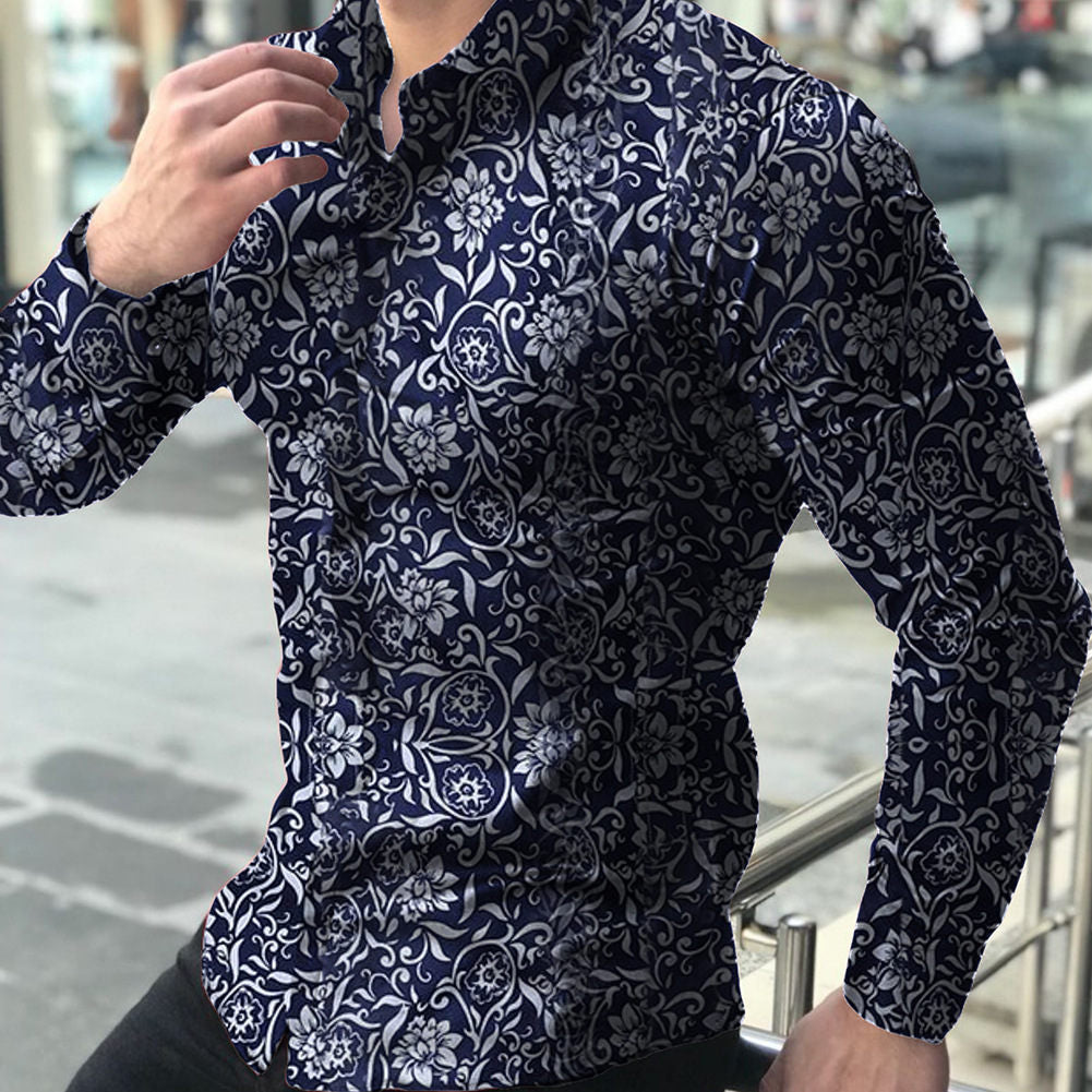 2022 Men&#039;s Long Sleeve Shirts Cross-border European And American Printed Shirts Amazon Men&#039;s Casual Flower Shirts Slim Shirts