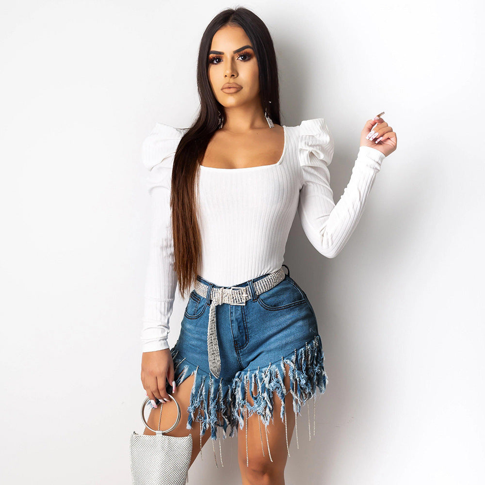 Fringed denim shorts