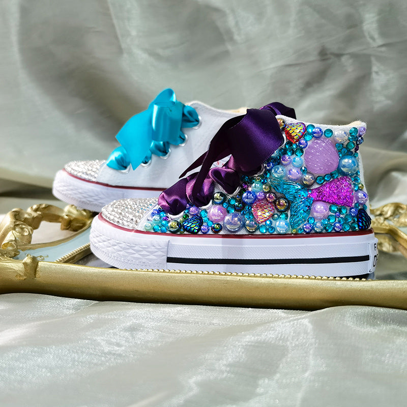 Girls Mermaid Bedazzled Ribbon Laced High Top Shoe