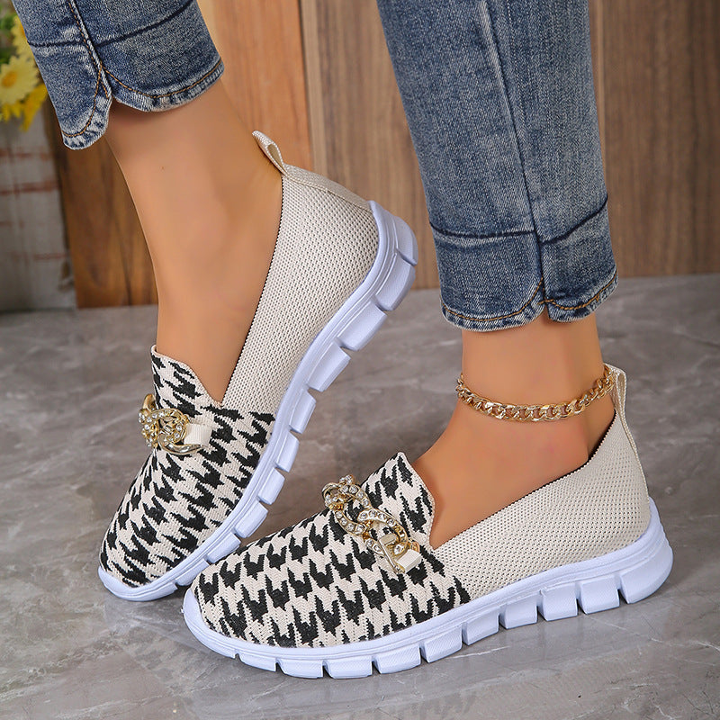 Casual Houndstooth Print Chain Mesh Shoes Summer Walking Sports Flat Shoes Women Breathable Loafers