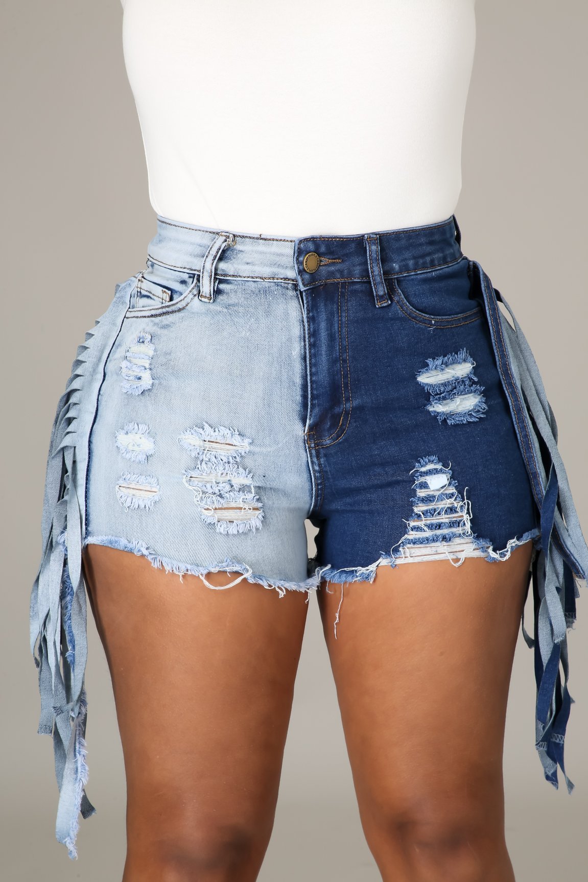 SHEIN SXY Two Tone Fringe Trim Raw Hem Denim Shorts