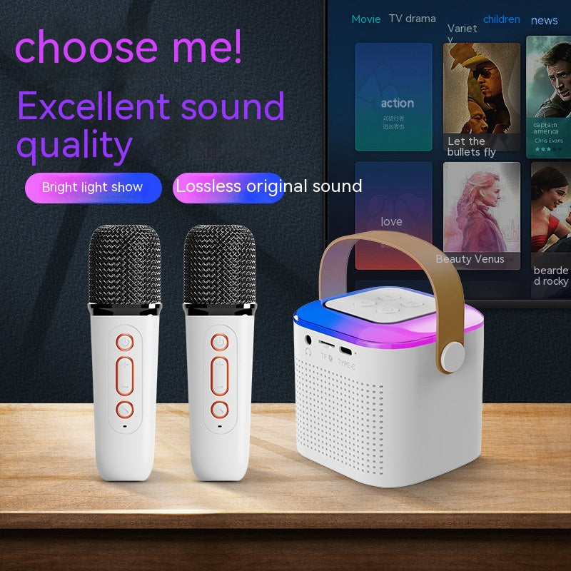 Microphone Karaoke Machine Bluetooth Speaker With 2 Wireless Mic RGB Light Home Family Singing Speaker