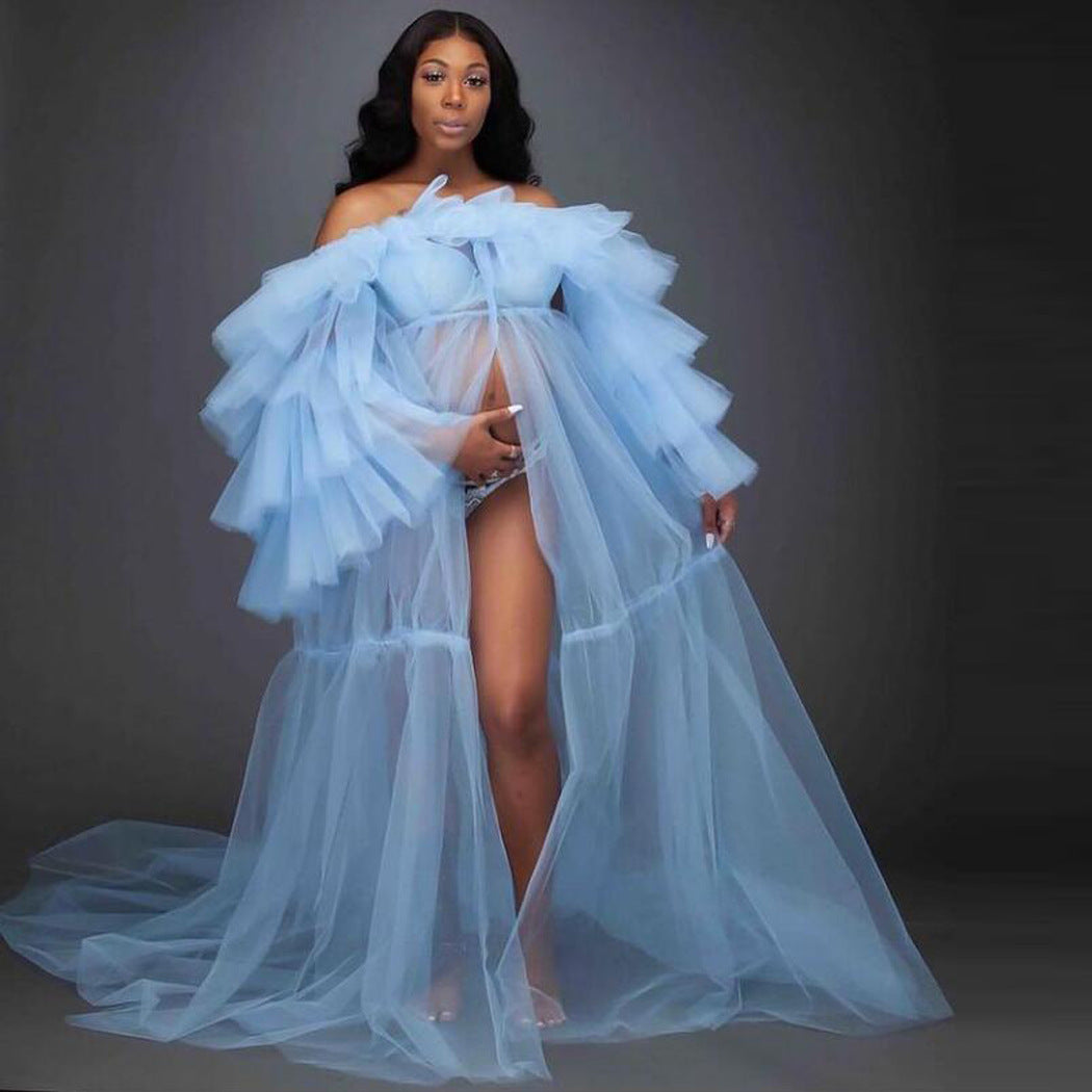 Europe And The United States Sexy Dress Sky Blue Prom Poncho Evening Dress