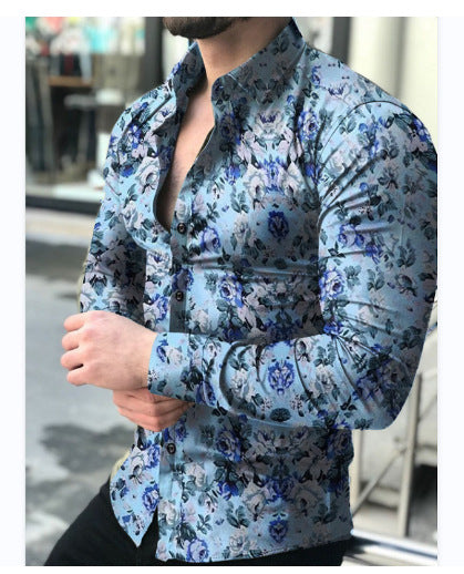 2022 Men&#039;s Long Sleeve Shirts Cross-border European And American Printed Shirts Amazon Men&#039;s Casual Flower Shirts Slim Shirts