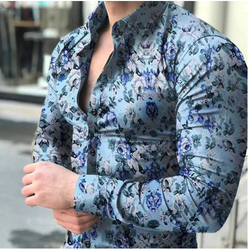 2022 Men&#039;s Long Sleeve Shirts Cross-border European And American Printed Shirts Amazon Men&#039;s Casual Flower Shirts Slim Shirts