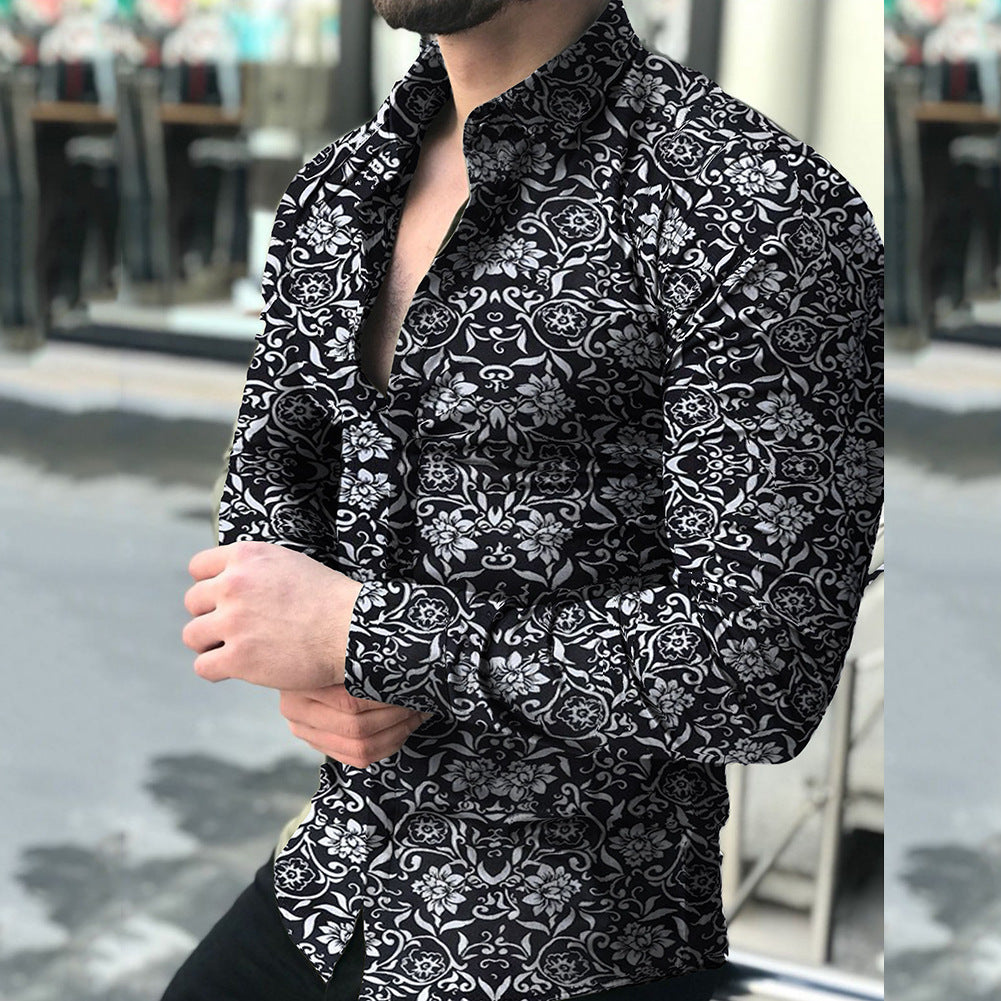 2022 Men&#039;s Long Sleeve Shirts Cross-border European And American Printed Shirts Amazon Men&#039;s Casual Flower Shirts Slim Shirts