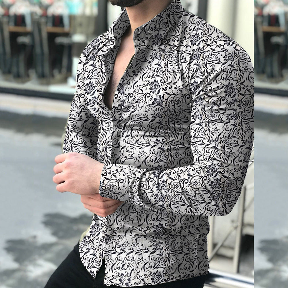 2022 Men&#039;s Long Sleeve Shirts Cross-border European And American Printed Shirts Amazon Men&#039;s Casual Flower Shirts Slim Shirts