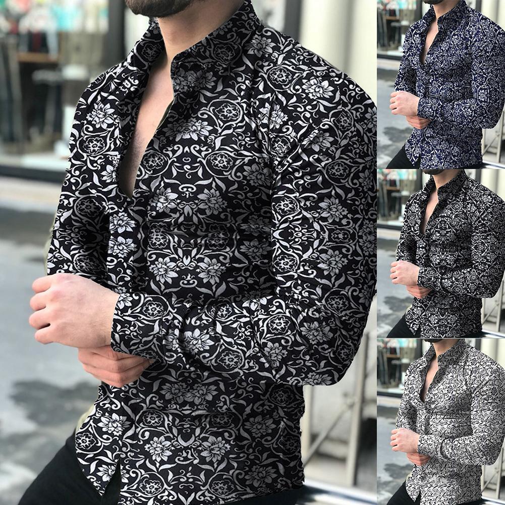 2022 Men&#039;s Long Sleeve Shirts Cross-border European And American Printed Shirts Amazon Men&#039;s Casual Flower Shirts Slim Shirts