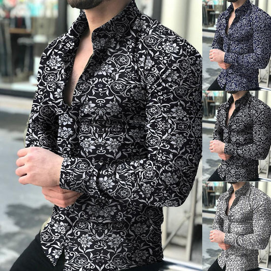 2022 Men&#039;s Long Sleeve Shirts Cross-border European And American Printed Shirts Amazon Men&#039;s Casual Flower Shirts Slim Shirts