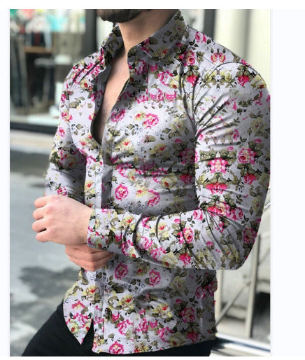 2022 Men&#039;s Long Sleeve Shirts Cross-border European And American Printed Shirts Amazon Men&#039;s Casual Flower Shirts Slim Shirts