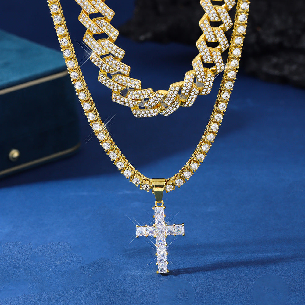 Zircon Cross Pendant Necklace Hip Hop Full Miami Curb Cuban Chain Iced Out Paved Rhinestones Bling Rapper Necklaces For Men Men's And Women's Clavicle Chain Jewelry