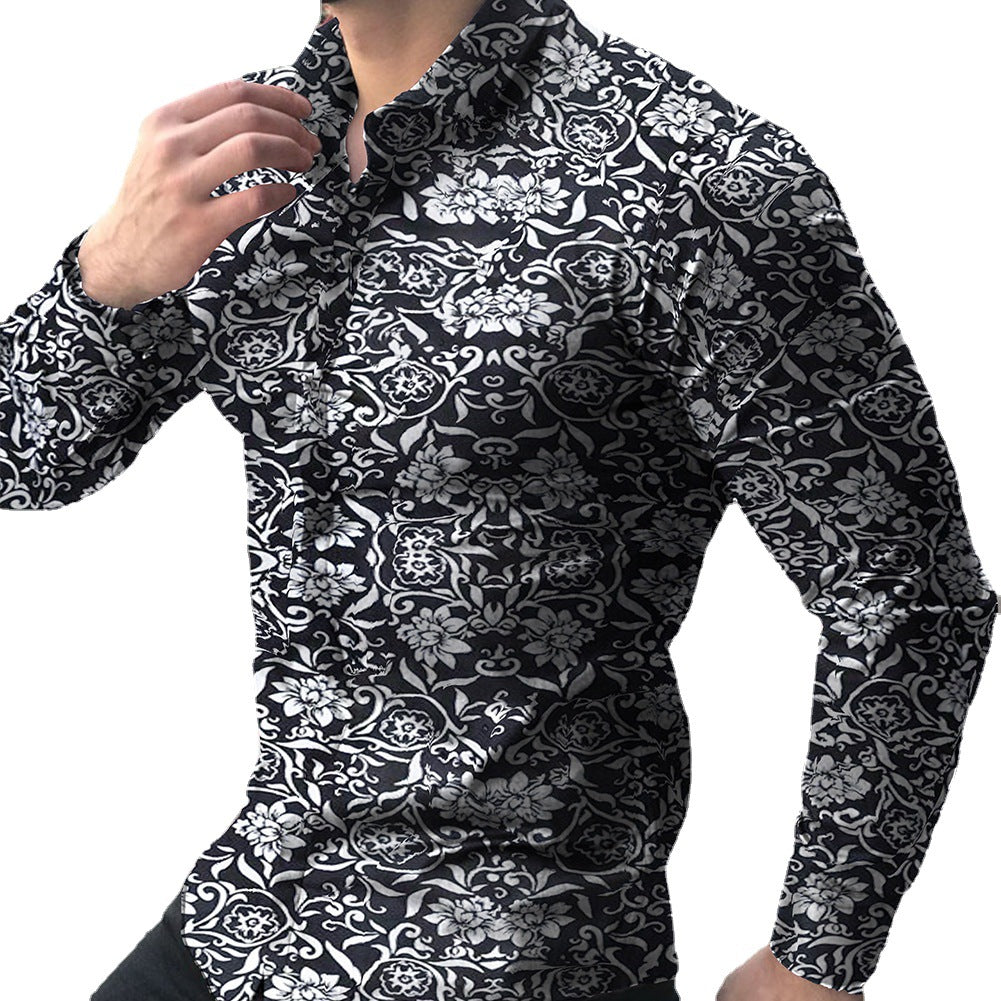 2022 Men&#039;s Long Sleeve Shirts Cross-border European And American Printed Shirts Amazon Men&#039;s Casual Flower Shirts Slim Shirts