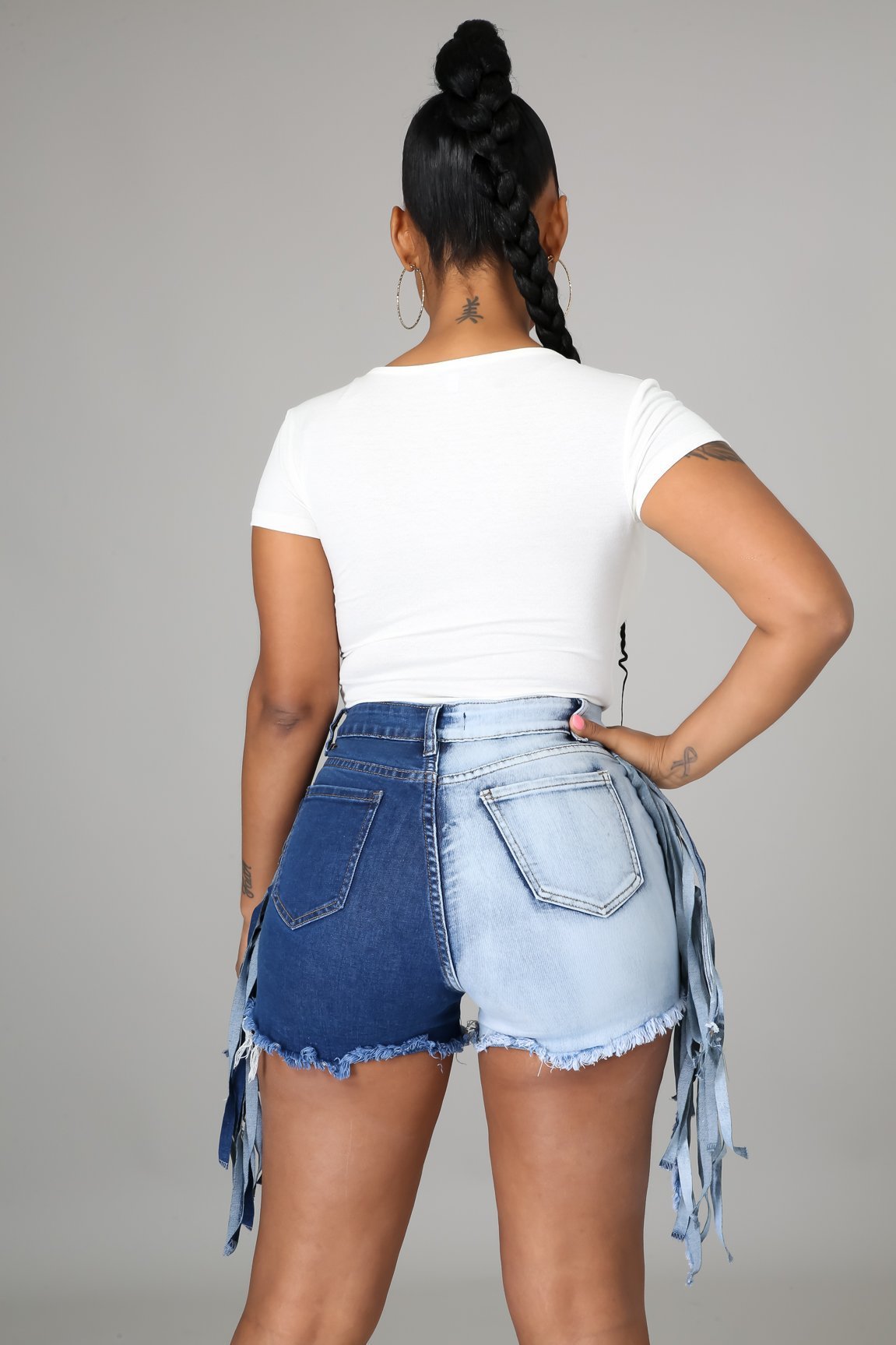 SHEIN SXY Two Tone Fringe Trim Raw Hem Denim Shorts